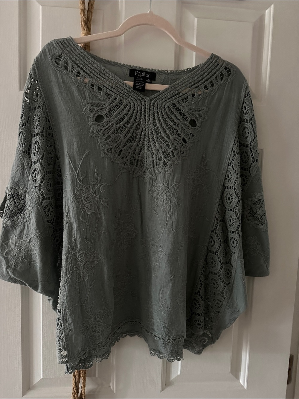Papillon Blanc Sage Green Crochet & Lace Boho Tunic
